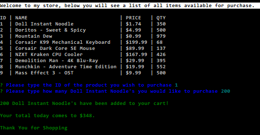 This is a CLI app built with node and uses mySQL to host the database functions. When you load the app it will display some hard-coded items with information on stock, price, and ID number.