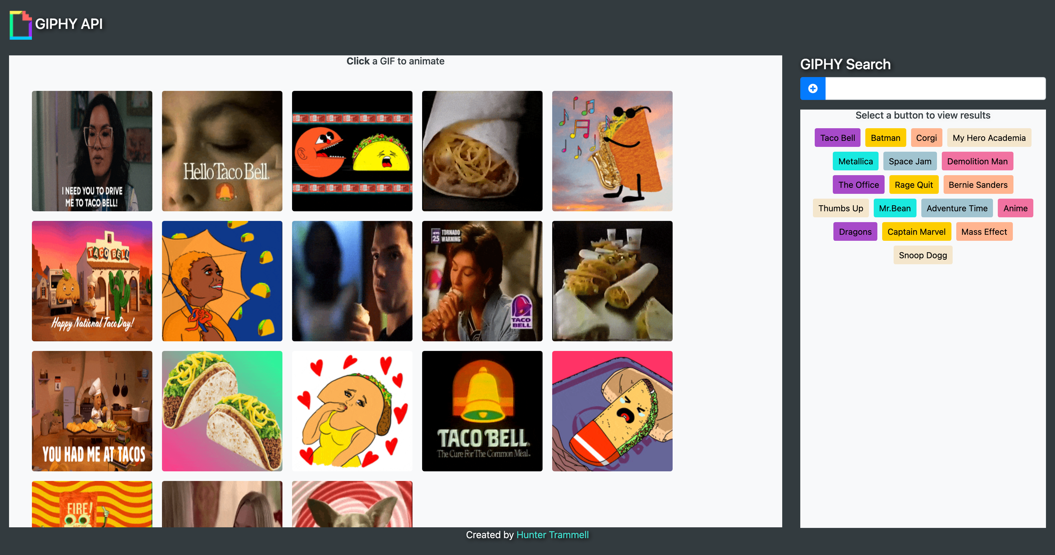 An app that pulls GIF's from the GIPHY API and displays them on a webpage