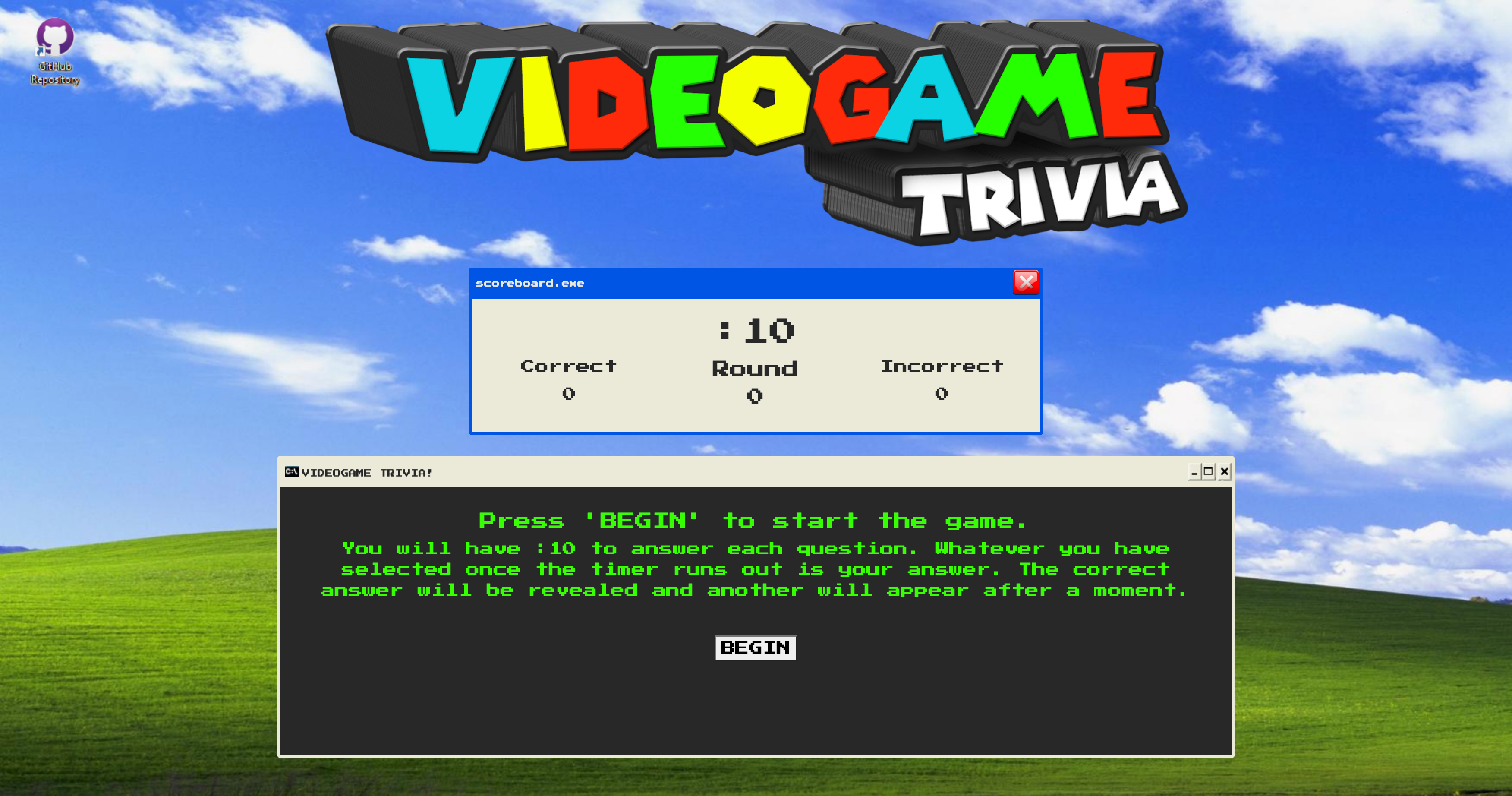 A timed trivia game that will provide a set amount of questions for the user to answer within specified time frame. The purpose of this game is to show how I can handle using jQuery DOM manipulation and setTimeout() events in JavaScript. The page will keep track of wins v. losses & round without refreshing the page.